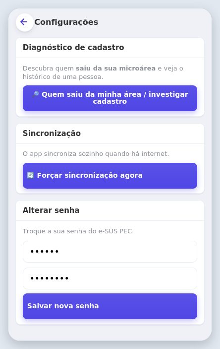 Configurações e alterar senha