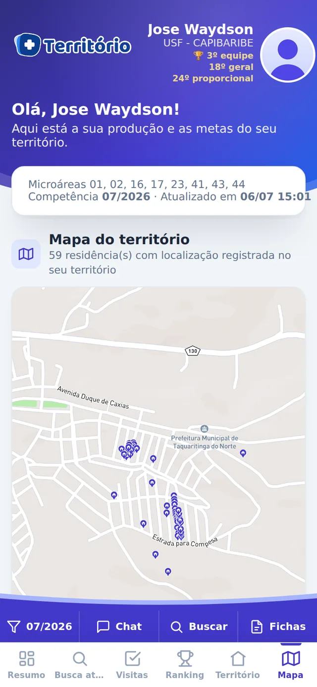 Mapa do território com residências georreferenciadas